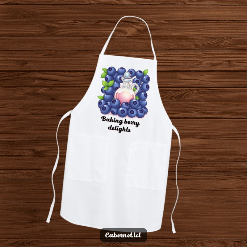 Funny succulent blueberries gathered around a tiny decanter on a kitchen apron, perfect for sophisticated and humorous cooking as a funny gift.