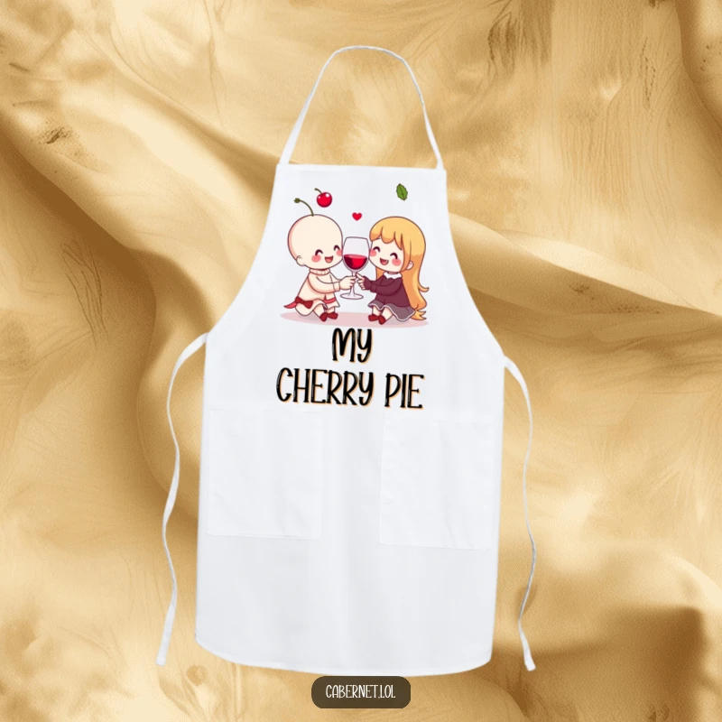 Funny cheerful cherry couple sharing a tiny invisible wine glass on a kitchen apron, bringing cheer and humor to cooking as a funny gift.