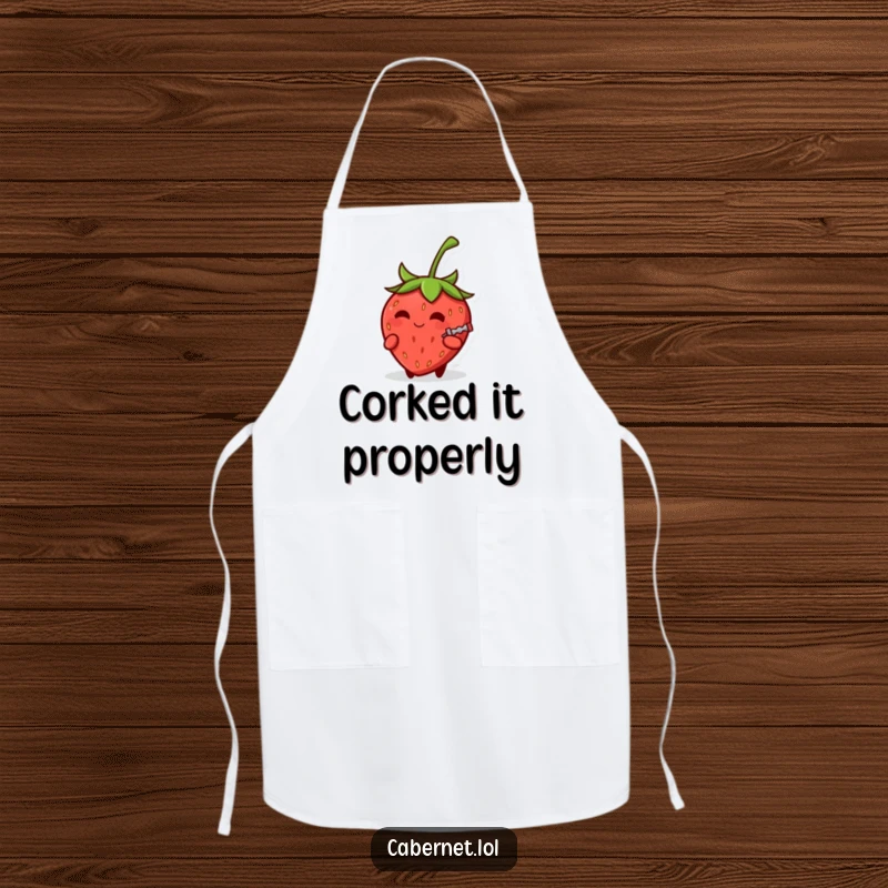 Funny small round strawberry with a knowing smirk holding a tiny corkscrew on a kitchen apron, perfect for playful and humorous cooking as a funny gift.