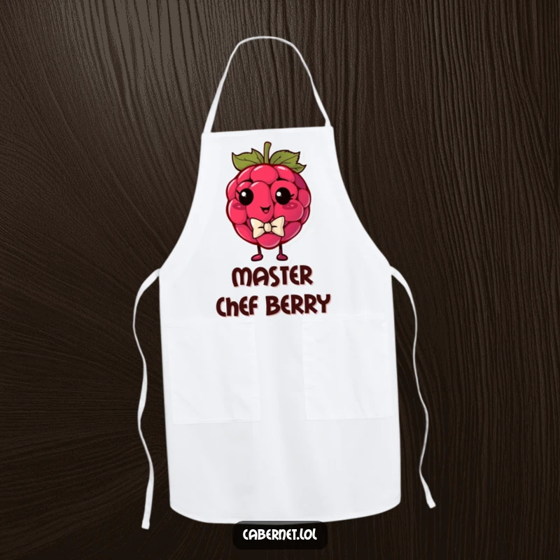 Funny plump raspberry wearing a tiny bowtie and looking smug on a kitchen apron, perfect for dapper and humorous cooking as a funny gift.