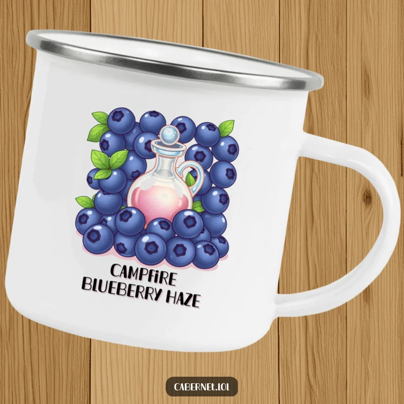 Funny succulent blueberries gathered around a tiny shimmering decanter on a camping mug, designed for sophisticated outdoor humor as a funny gift.
