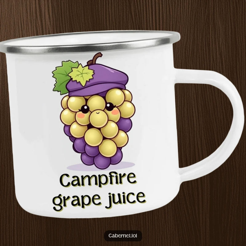 Funny grape cluster wearing a tiny fashionable beret, designed for a camping mug, perfect for outdoor humor as a funny gift.