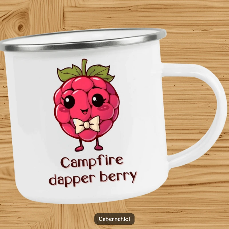 Funny plump raspberry wearing a tiny bowtie and looking smug on a camping mug, designed for dapper outdoor humor as a funny gift.