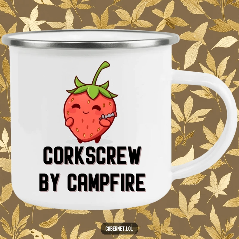 Funny small round strawberry with a knowing smirk holding a tiny corkscrew on a camping mug, designed for playful outdoor humor as a funny gift.
