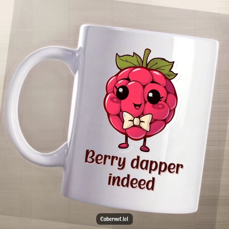 Funny plump raspberry wearing a tiny bowtie and looking smug on a mug, exuding confidence for a funny gift.