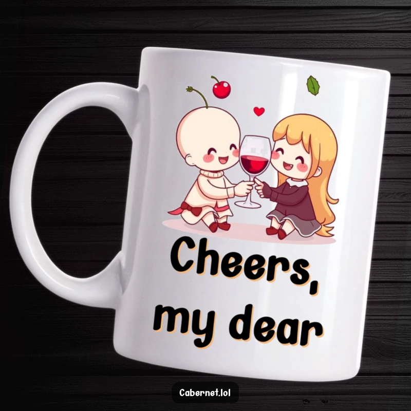 Funny cheerful cherry couple sharing a tiny invisible wine glass on a mug, celebrating love and friendship with humor for a funny gift.