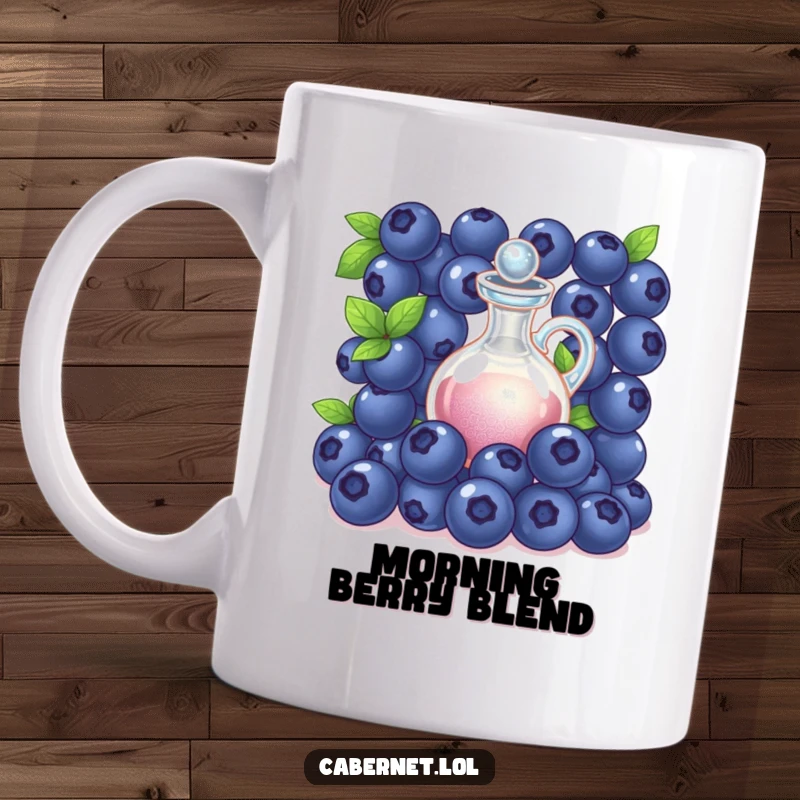 Funny succulent blueberries gathered around a tiny shimmering decanter on a mug, exuding sophisticated humor for a funny gift.