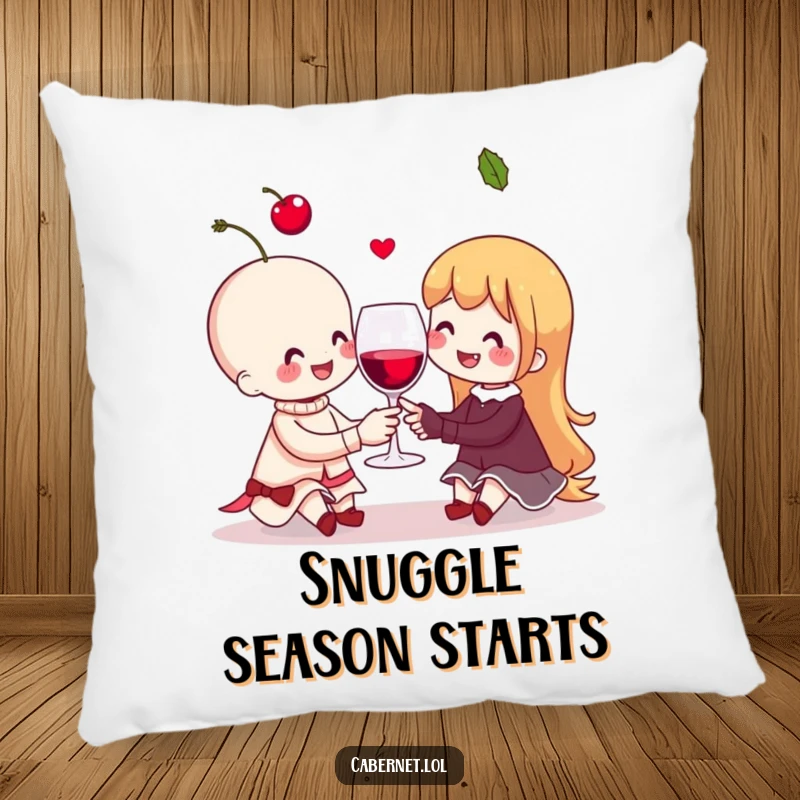 Funny cheerful cherry couple sharing an invisible wine glass on a pillow, providing cozy and humorous decor as a funny gift.