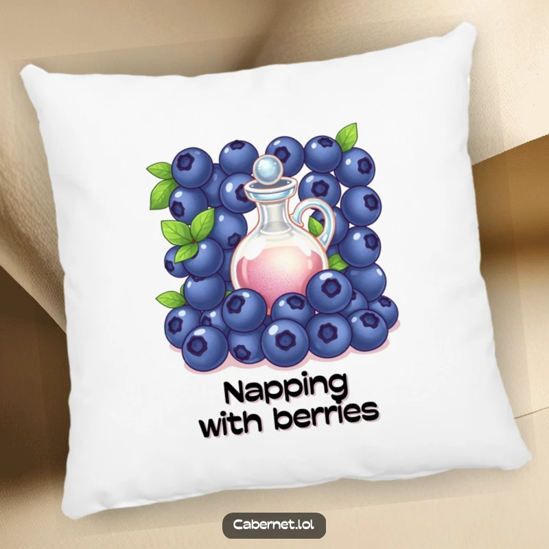 Funny succulent blueberries gathered around a tiny decanter on a pillow, offering cozy and sophisticated humorous decor as a funny gift.
