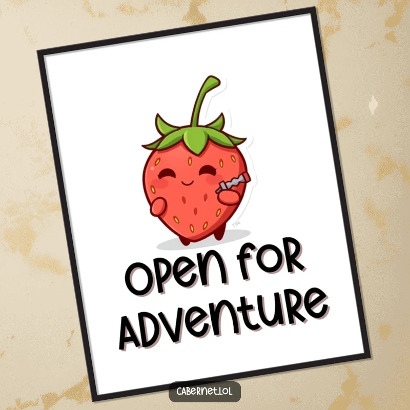 Funny small round strawberry with a knowing smirk holding a tiny corkscrew, presented as digital art, offering instant cheeky decor for a funny gift.