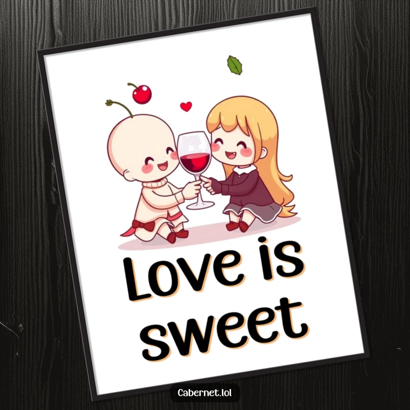 Funny cheerful cherry couple sharing a tiny invisible wine glass, presented as digital art, offering instant cheerful decor for a funny gift.