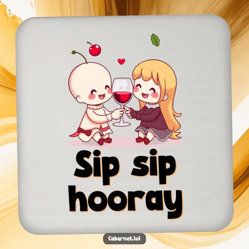 Funny cheerful cherry couple sharing an invisible wine glass on a drink coaster, adding cheerful and humorous protection to tables as a funny gift.