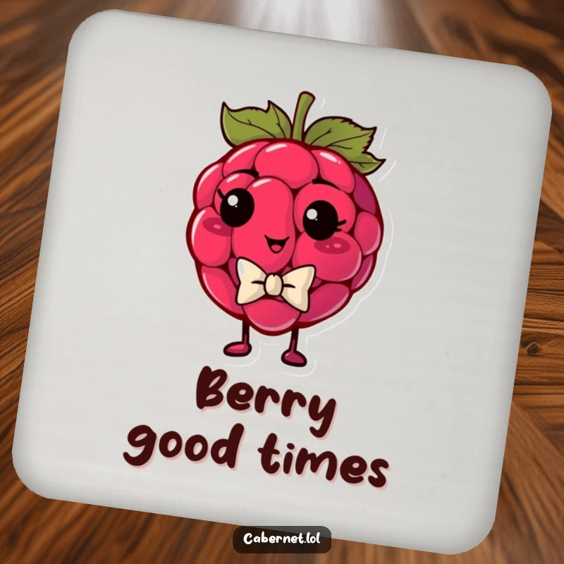 Funny plump raspberry wearing a tiny bowtie and looking smug on a drink coaster, adding dapper and humorous protection to tables as a funny gift.