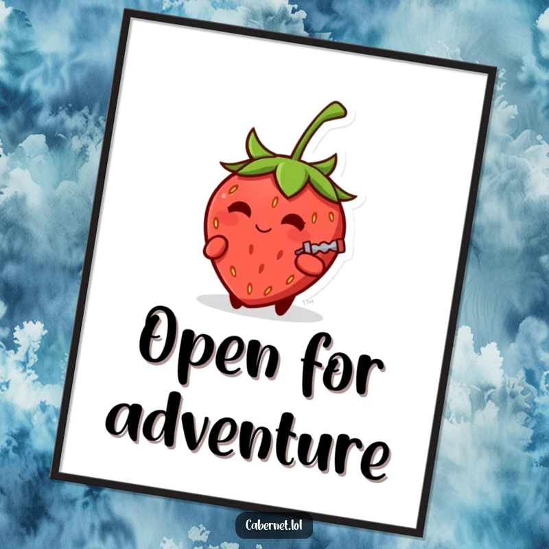 Funny small round strawberry with a knowing smirk holding a tiny corkscrew, illustrated on a poster for cheeky and humorous wall art as a funny gift.