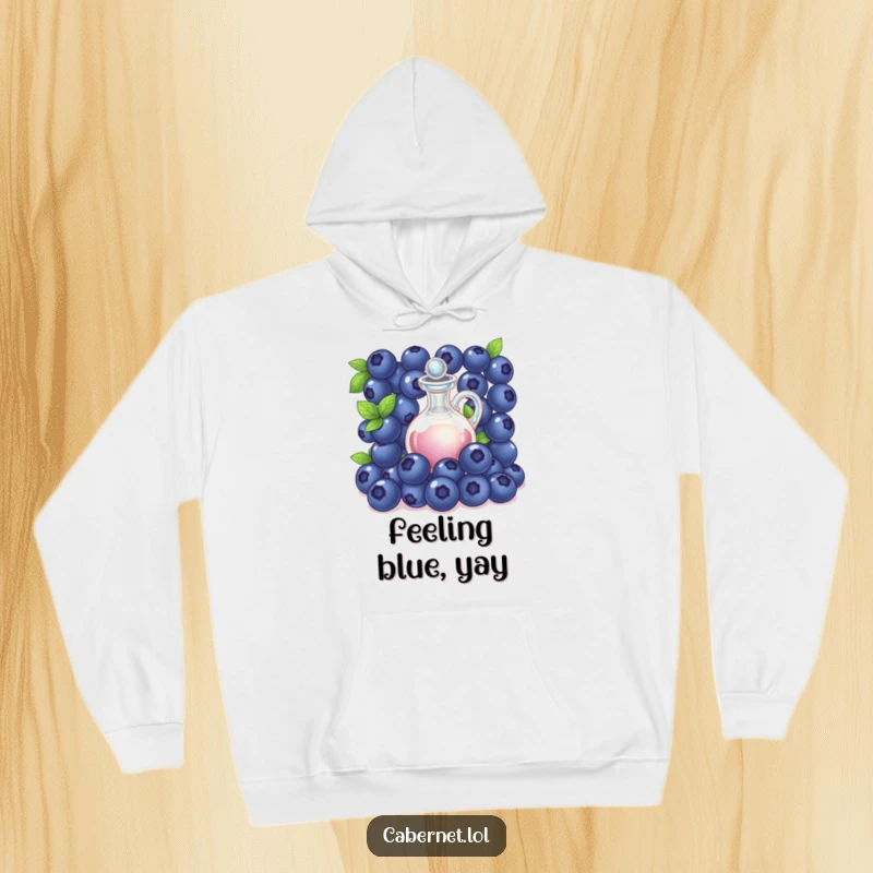 Funny succulent blueberries gathered around a tiny shimmering decanter, depicted on a cozy hoodie for a sophisticated funny gift.