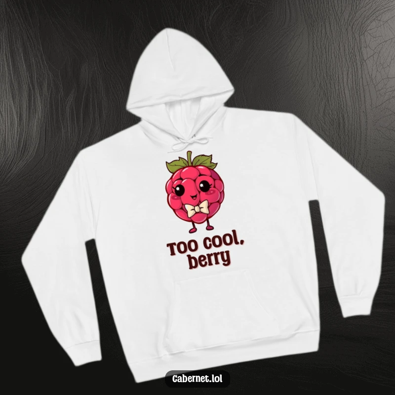 Funny plump raspberry wearing a tiny bowtie and looking smug, depicted on a cozy hoodie for a dapper funny gift.
