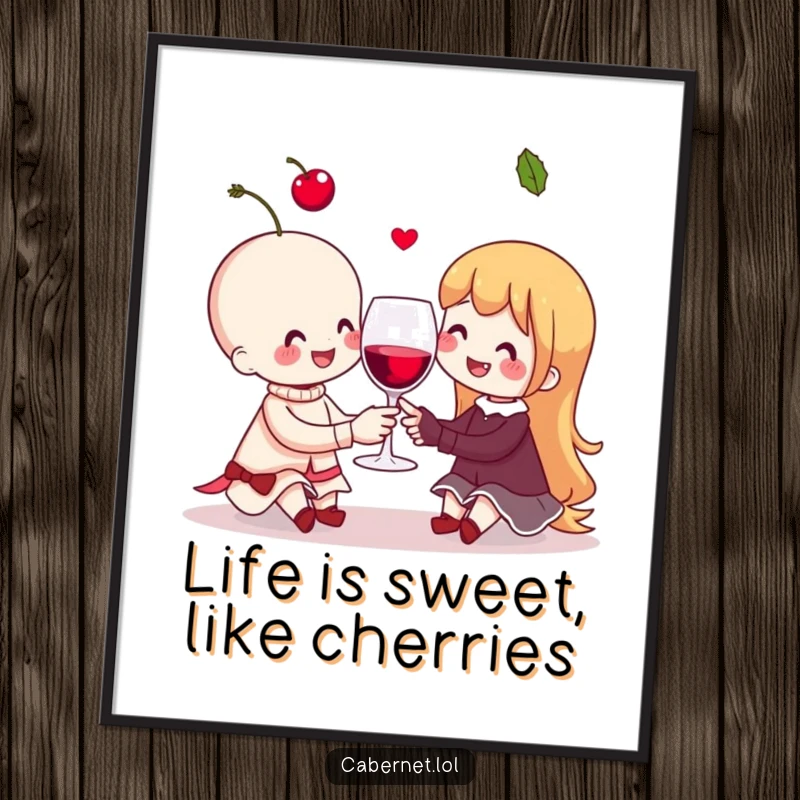 Funny Free Printable Wall Art: A cheerful cherry couple toasting with an invisible glass, radiating happiness and playful charm.