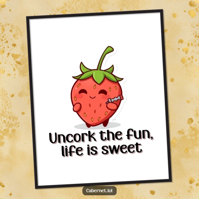 Funny Free Printable Wall Art: A small round strawberry with a knowing smirk, holding a tiny corkscrew, exuding playful mischief.