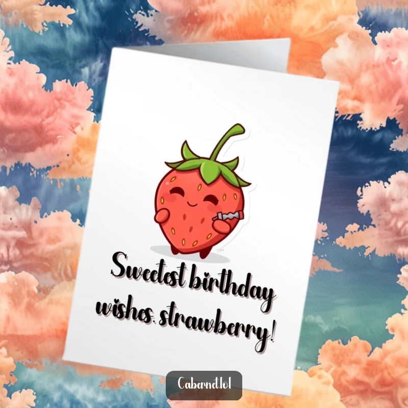 Funny Free Printable Birthday Card: Small round strawberry with a knowing smirk, holding a tiny corkscrew, ready to celebrate a birthday.