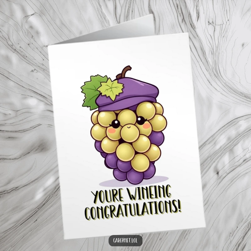 Funny Free Printable Congrats Card: Cute plump grape sporting a tiny beret, celebrating a win with sophisticated humor.