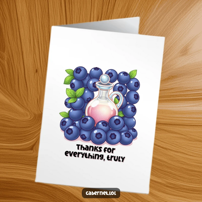 Funny Free Printable Thank You Card: A cluster of blueberries gathered around a decanter, conveying thanks with sweet, humorous charm.