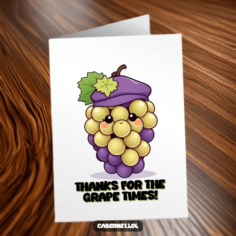Funny Free Printable Thank You Card: Adorable grape with a tiny beret, offering thanks with a debonair, humorous twist.
