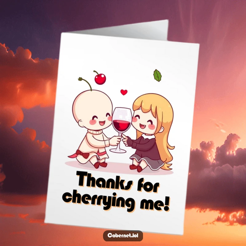Funny Free Printable Thank You Card: Adorable cherry couple sharing a toast, expressing thanks with sweet, fruity humor and joy.