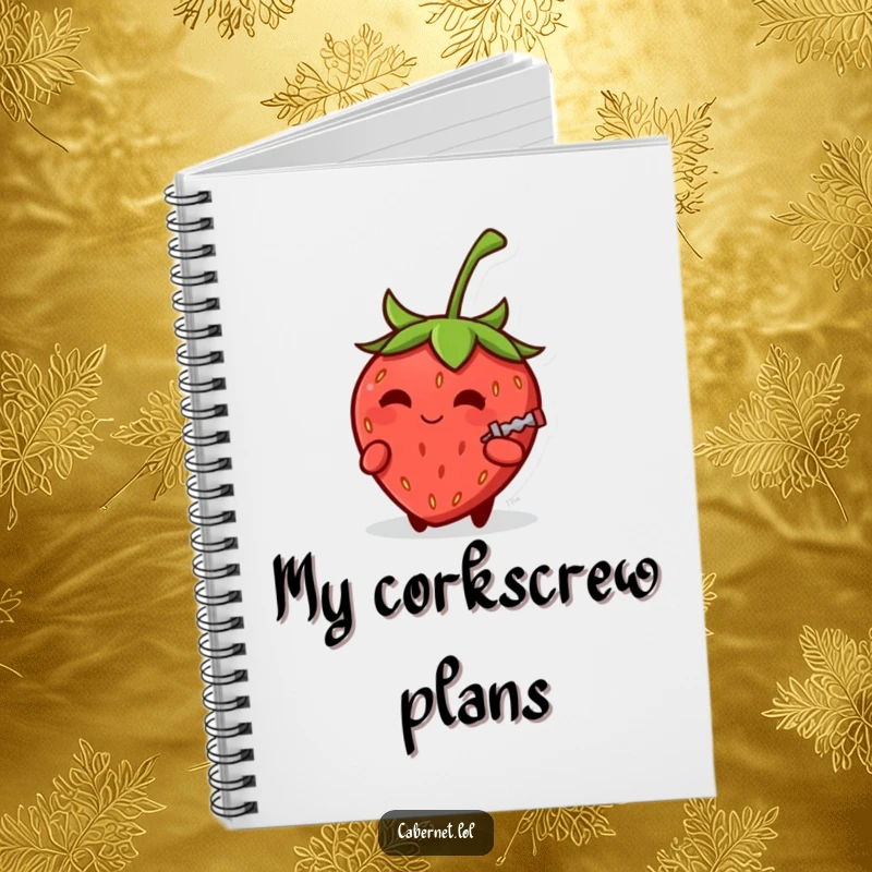 Funny small round strawberry with a knowing smirk holding a tiny corkscrew on a notebook cover, inspiring cheeky and humorous thoughts as a funny gift.