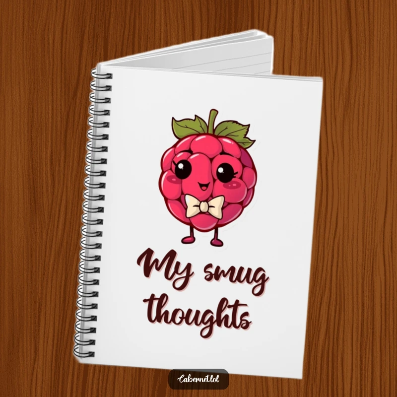Funny plump raspberry wearing a tiny bowtie and looking smug on a notebook cover, inspiring confident and humorous ideas as a funny gift.
