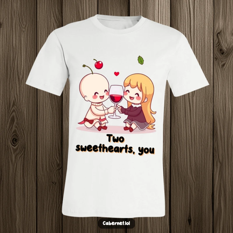 Funny cheerful cherry couple sharing an invisible wine glass on a t-shirt, radiating happiness and humor for a funny gift.
