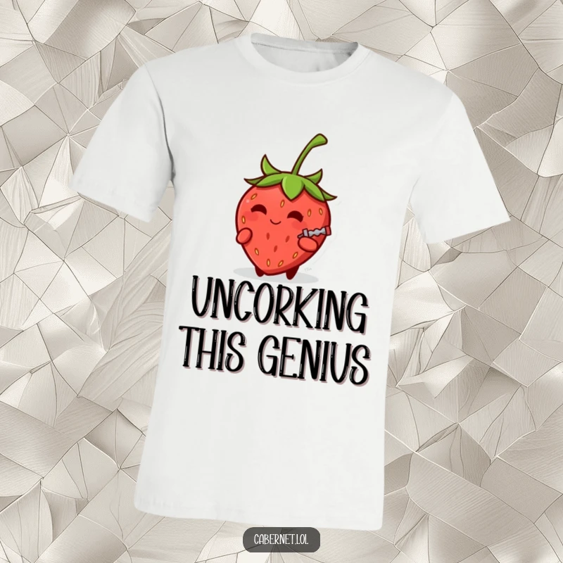 Funny small round strawberry with a knowing smirk holding a tiny corkscrew on a t-shirt, embodying party humor for a funny gift.