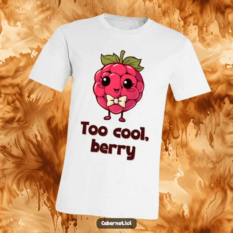 Funny plump raspberry with a tiny bowtie, looking smug on a t-shirt, radiating self-assured humor for a funny gift.