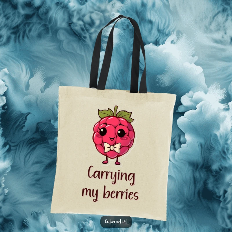 Funny plump raspberry wearing a tiny bowtie and looking smug on a tote bag, exuding stylish humor for a funny gift.