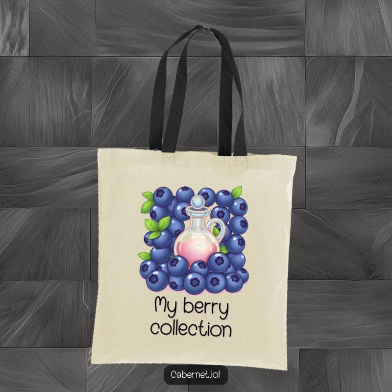 Funny succulent blueberries clustered around a tiny decanter on a tote bag, exuding elegant humor for a funny gift.