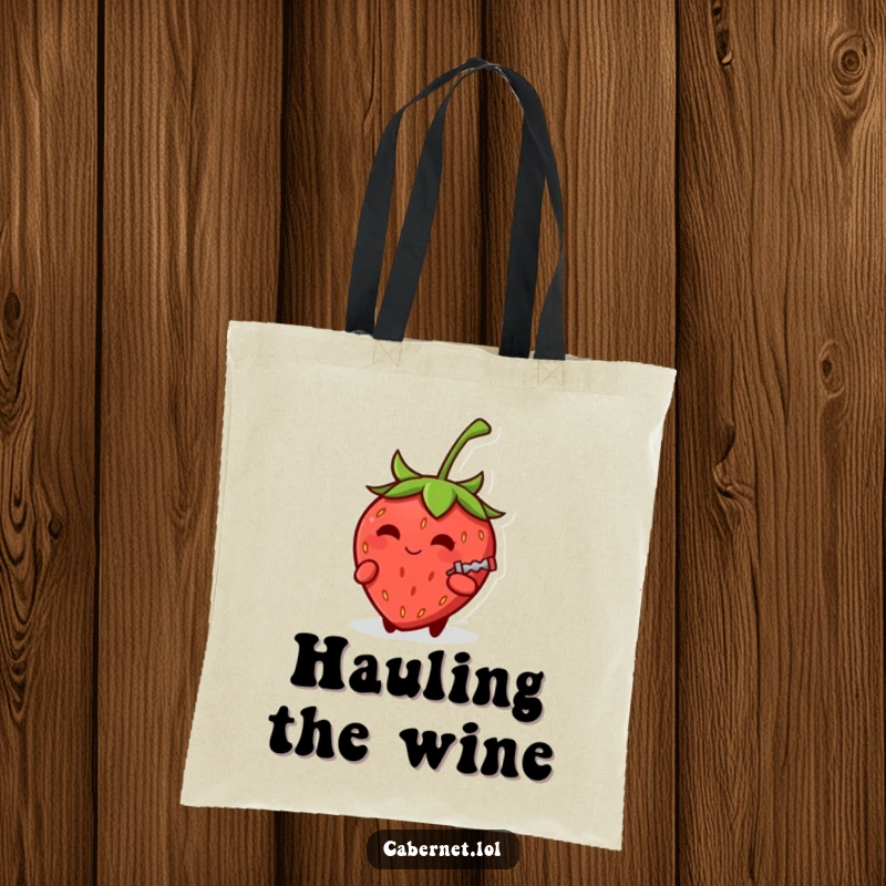 Funny small round strawberry with a knowing smirk holding a tiny corkscrew on a tote bag, exuding party humor for a funny gift.