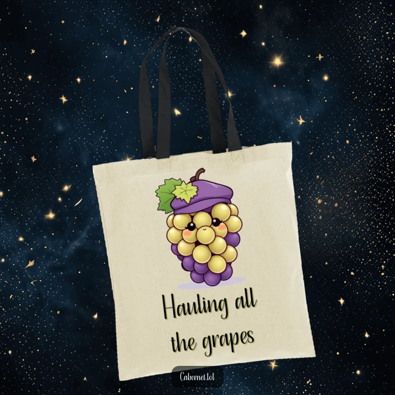 Funny grape cluster wearing a tiny beret, stylishly designed on a tote bag, conveying humor for a funny gift.